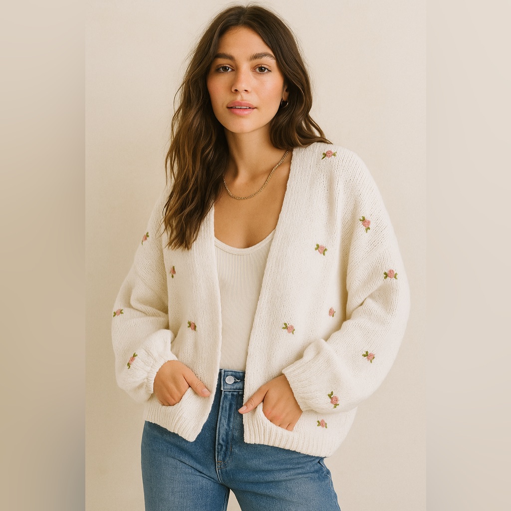 Nwt Fanm Mon Winter Bloom Pink Rose Wool Woven Cardigan Sweater